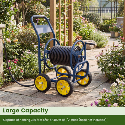 Garden Hose Reel Cart 4 Wheels Heavy-Duty Metal Water Hose Organizer Portable-Blue
