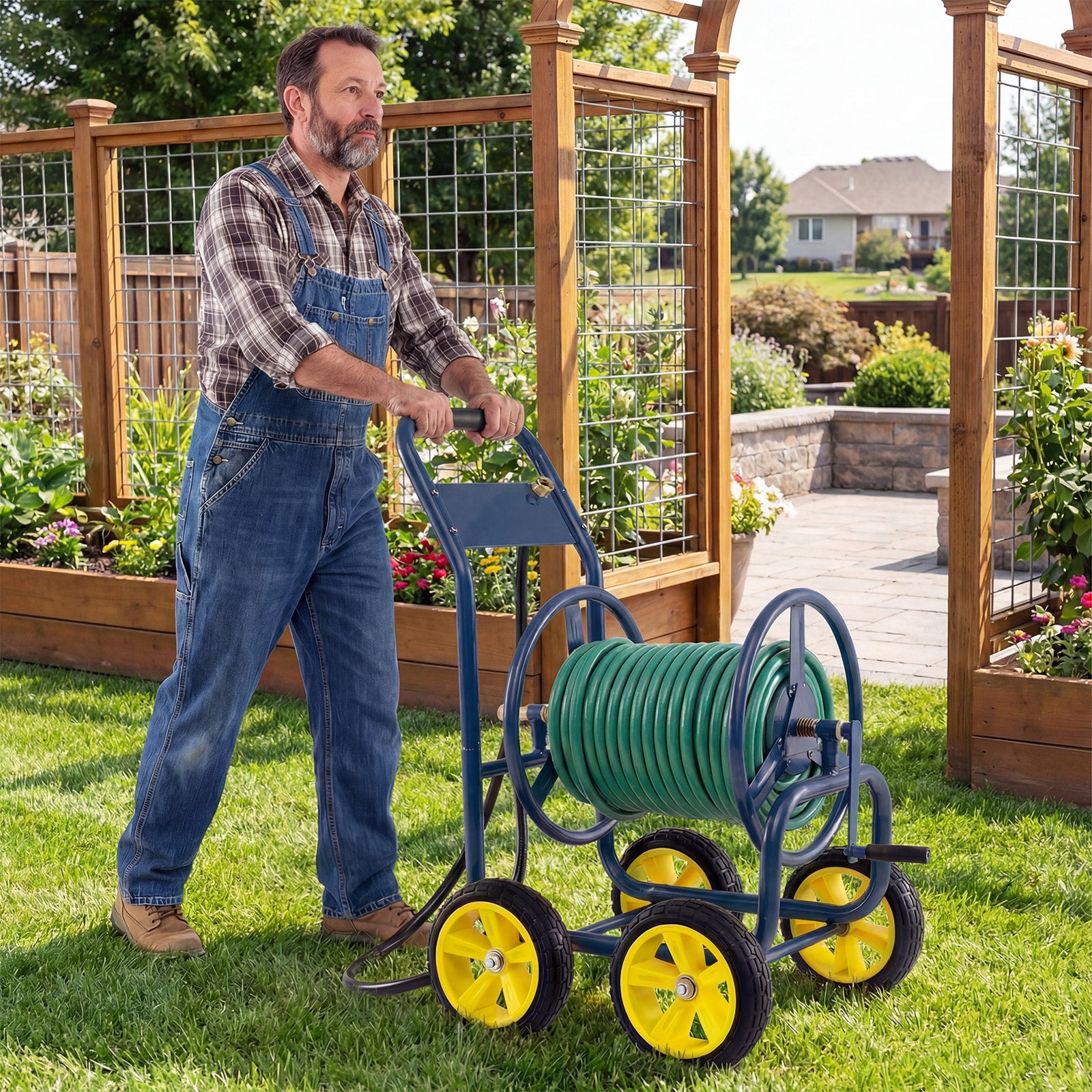 Garden Hose Reel Cart 4 Wheels Heavy-Duty Metal Water Hose Organizer Portable-Blue