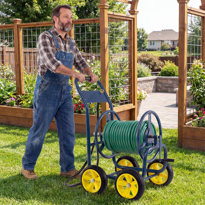 Garden Hose Reel Cart 4 Wheels Heavy-Duty Metal Water Hose Organizer Portable-Blue