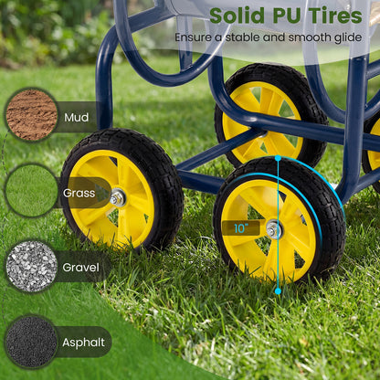 Garden Hose Reel Cart 4 Wheels Heavy-Duty Metal Water Hose Organizer Portable-Blue