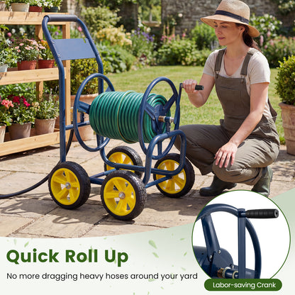 Garden Hose Reel Cart 4 Wheels Heavy-Duty Metal Water Hose Organizer Portable-Blue