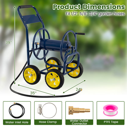Garden Hose Reel Cart 4 Wheels Heavy-Duty Metal Water Hose Organizer Portable-Blue