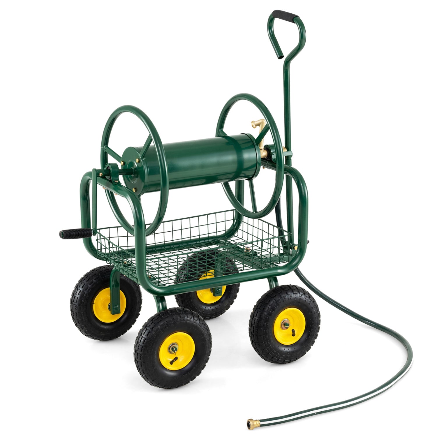 Garden Hose Reel Cart 300 Feet Large Capacity with 4 Wheels and Storage Basket-Gray - Green