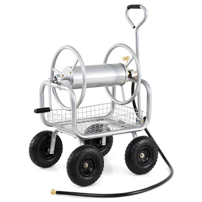 Garden Hose Reel Cart 300 Feet Large Capacity with 4 Wheels and Storage Basket-Gray - Silver