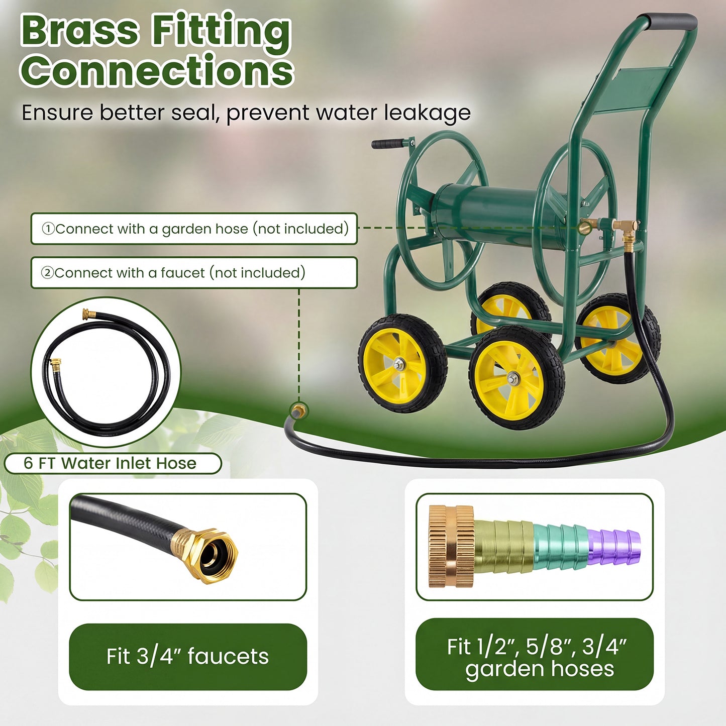 Garden Water Hose Reel Cart with 4 Wheels and Non-slip Grip-Green