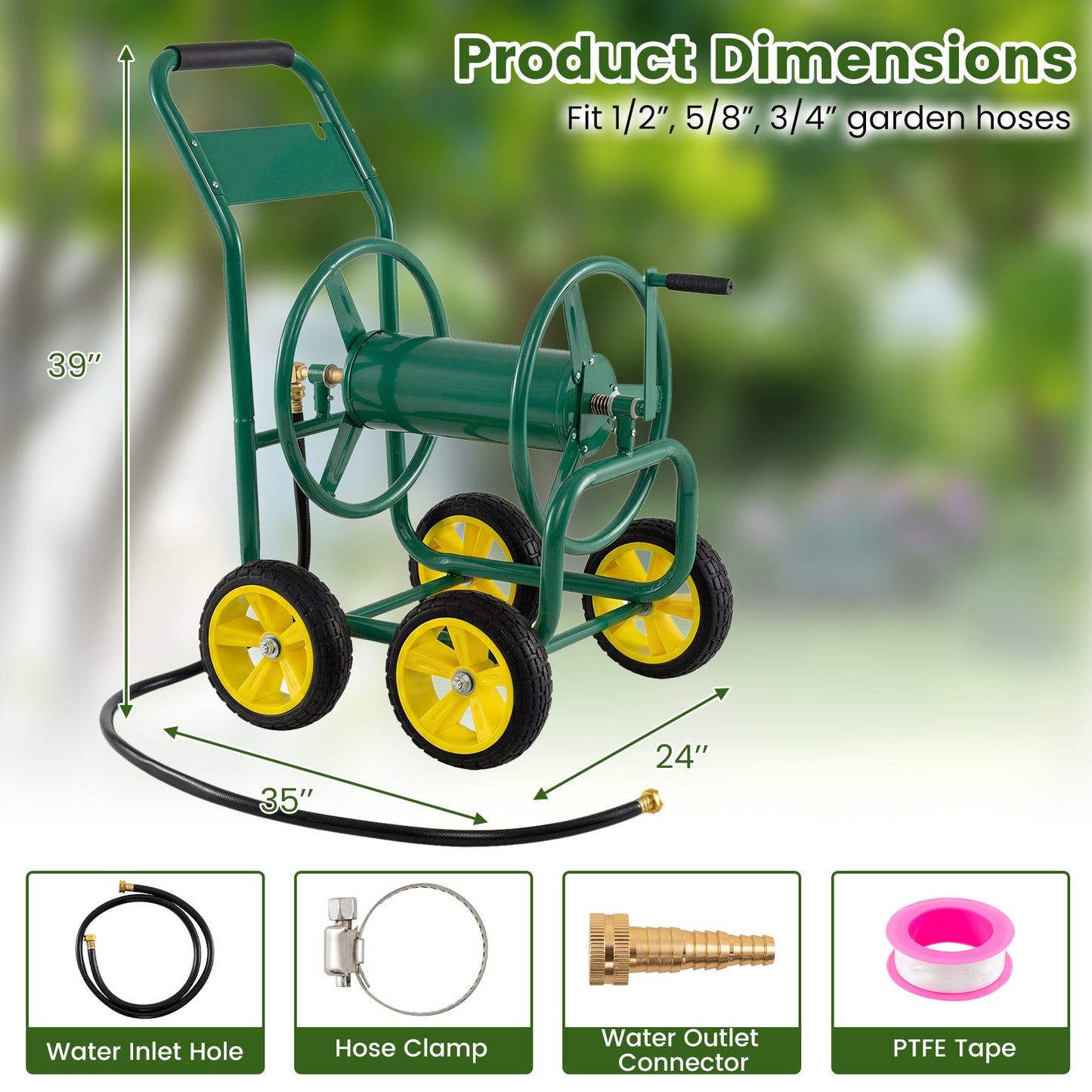 Garden Water Hose Reel Cart with 4 Wheels and Non-slip Grip-Green