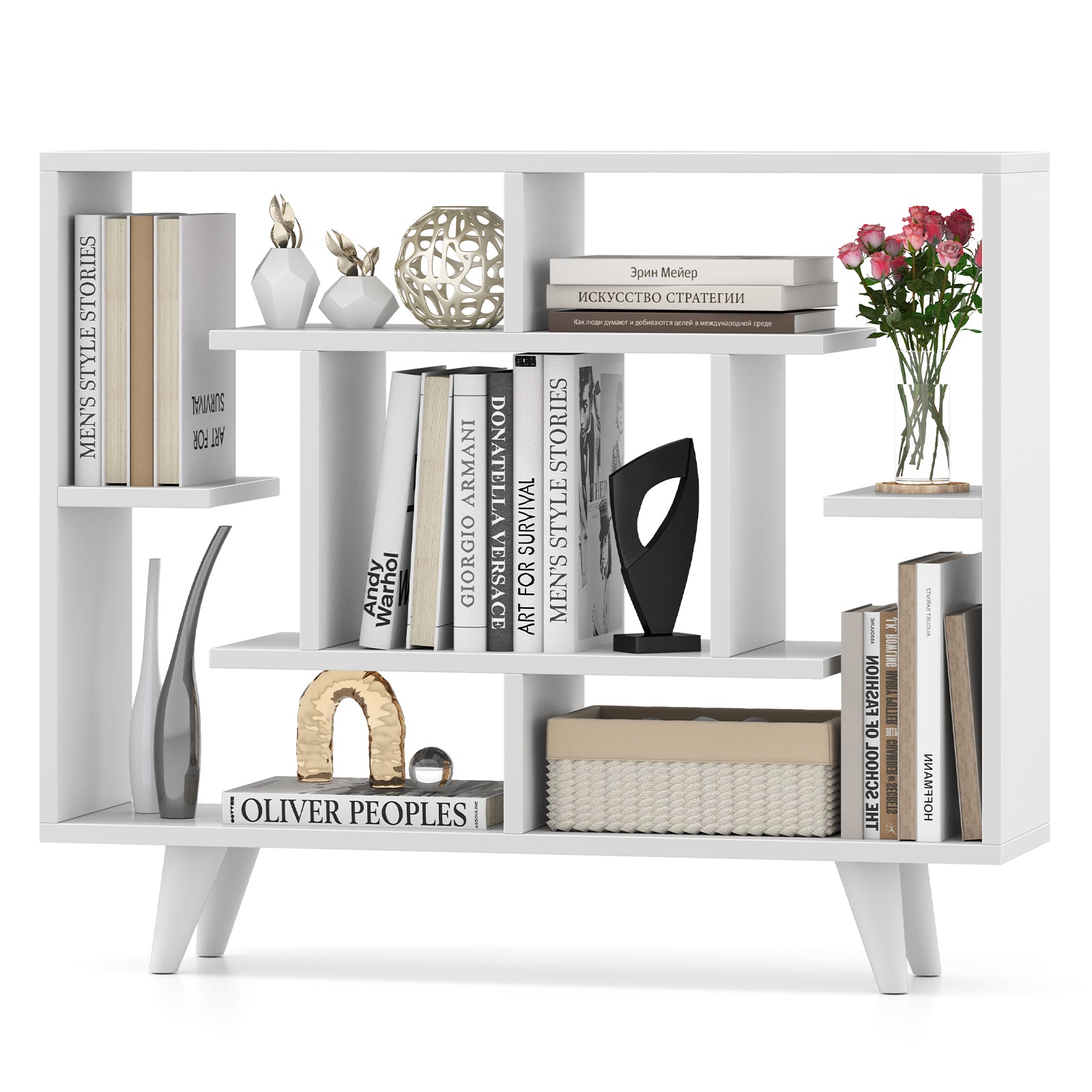 Geometric Bookcase with Anti-Tipping Kit and Storage Shelving Unit-Black - White