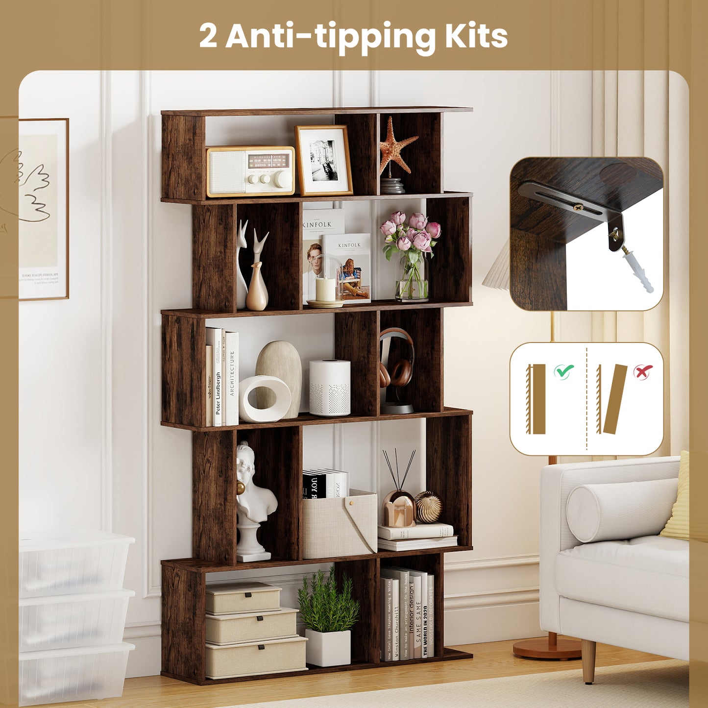 Geometric Bookshelf 5-Tier Bookcase with Open Shelves and Closed-back Cubes