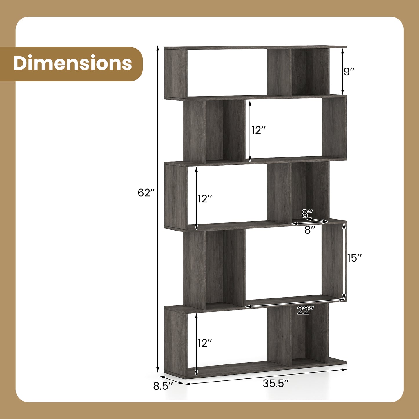 Geometric Bookshelf 5-Tier Bookcase with Open Shelves and Closed-back Cubes