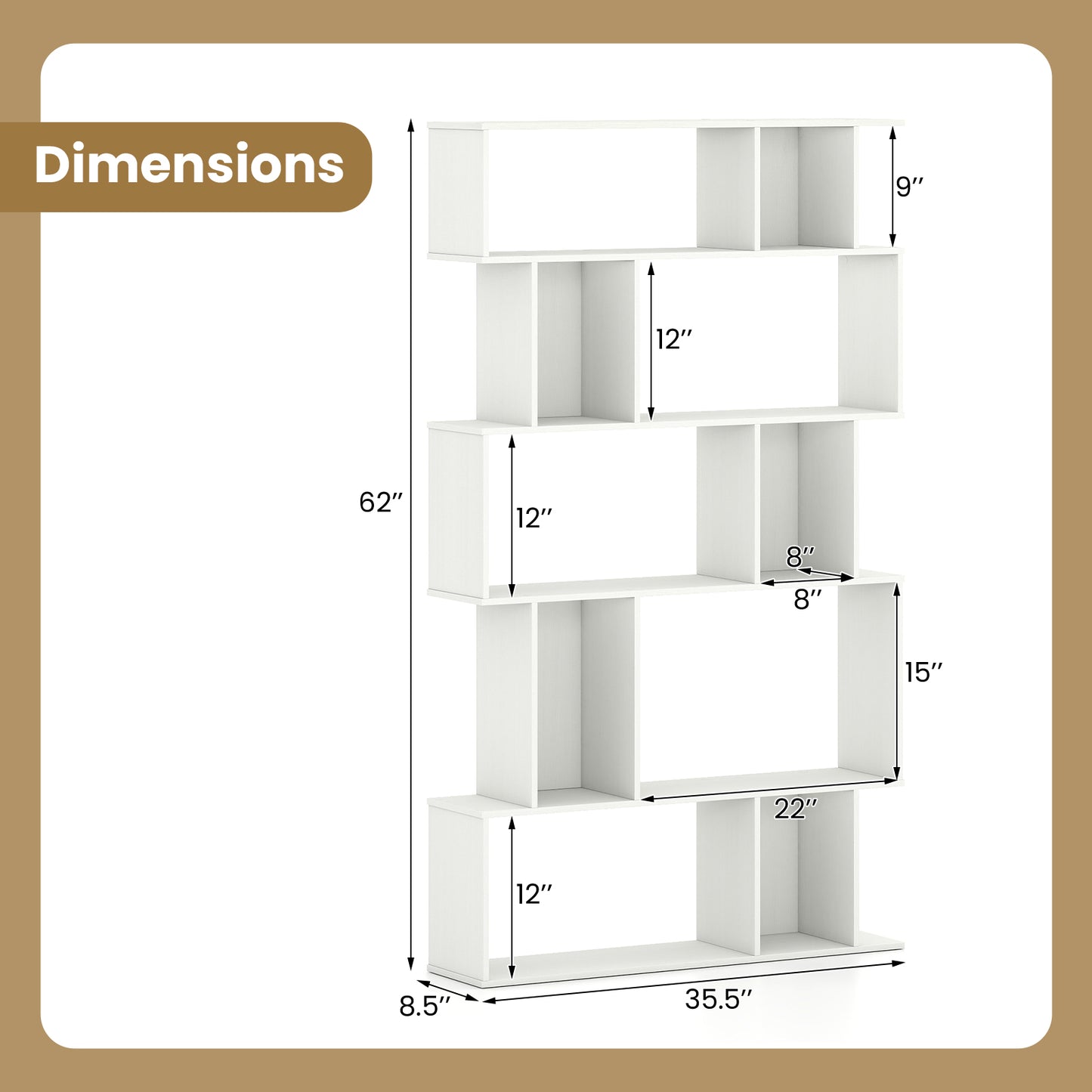 Geometric Bookshelf 5-Tier Bookcase with Open Shelves and Closed-back Cubes