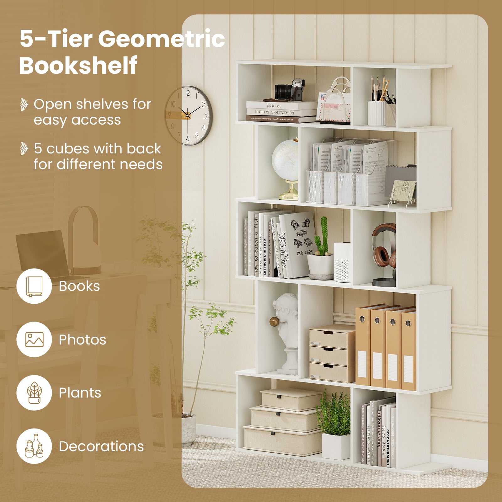 Geometric Bookshelf Set of 2 5-Tier Bookcase with Open Shelves and Closed-back Cubes