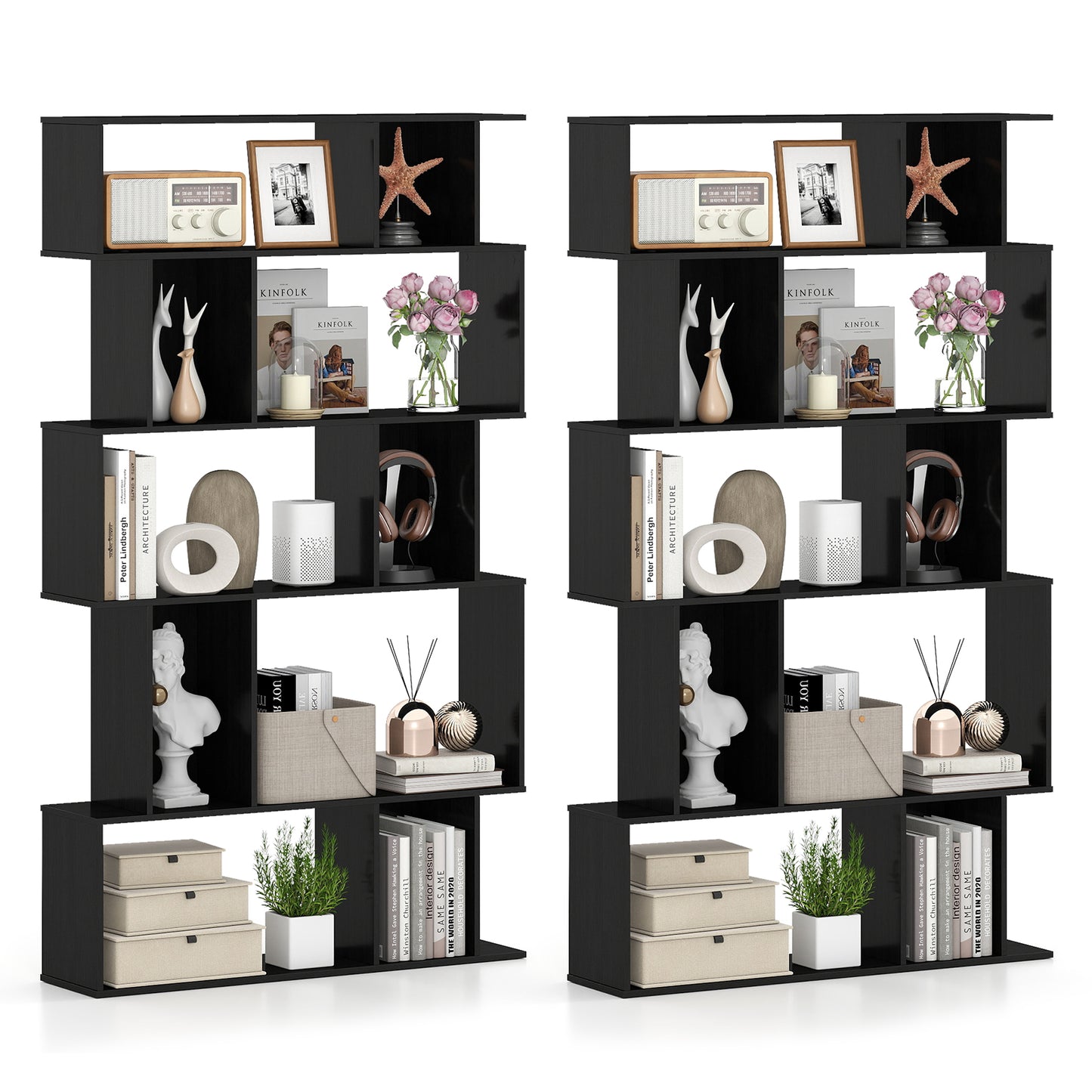 Geometric Bookshelf Set of 2 5-Tier Bookcase with Open Shelves and Closed-back Cubes