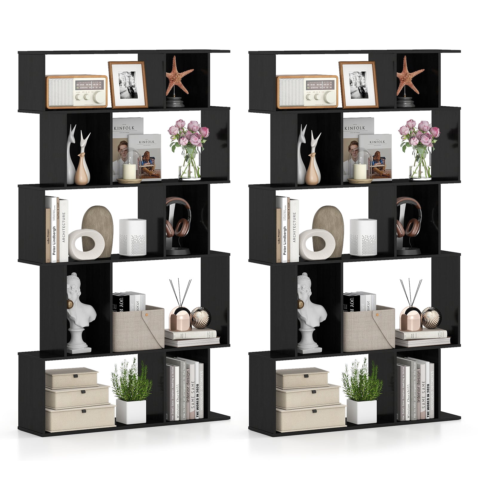 Geometric Bookshelf Set of 2 5-Tier Bookcase with Open Shelves and Closed-back Cubes