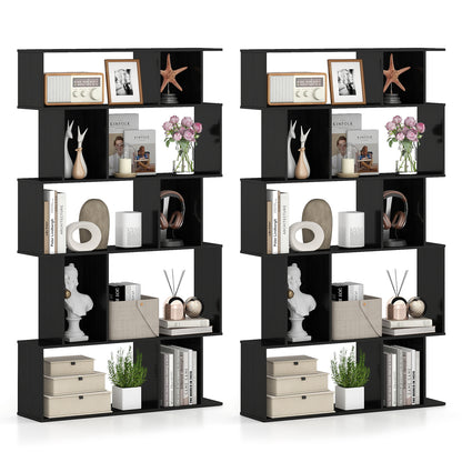Geometric Bookshelf Set of 2 5-Tier Bookcase with Open Shelves and Closed-back Cubes
