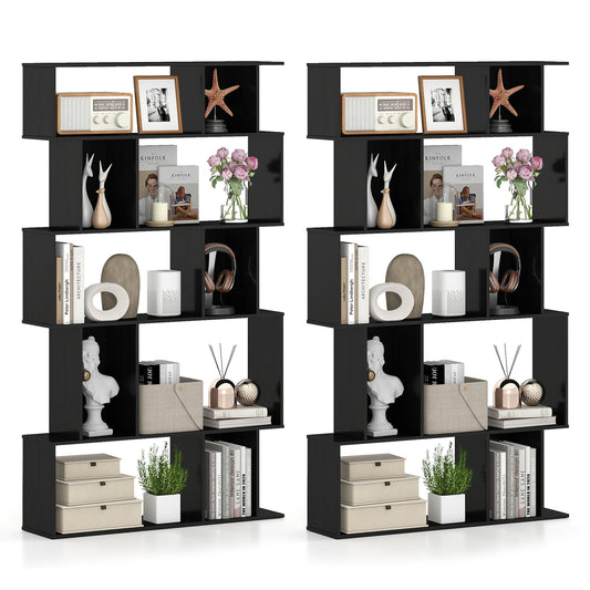 Geometric Bookshelf Set of 2 5-Tier Bookcase with Open Shelves and Closed-back Cubes