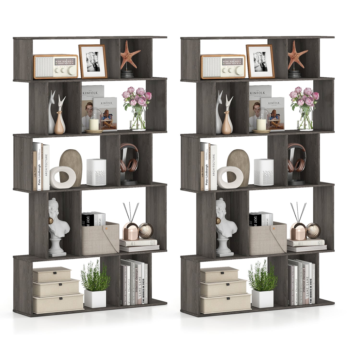 Geometric Bookshelf Set of 2 5-Tier Bookcase with Open Shelves and Closed-back Cubes