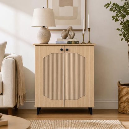 Geometric Shoe Cabinet with Carved Doors - Natural Wood
