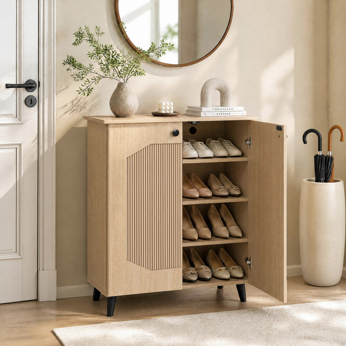 Geometric Shoe Cabinet with Carved Doors - Natural Wood