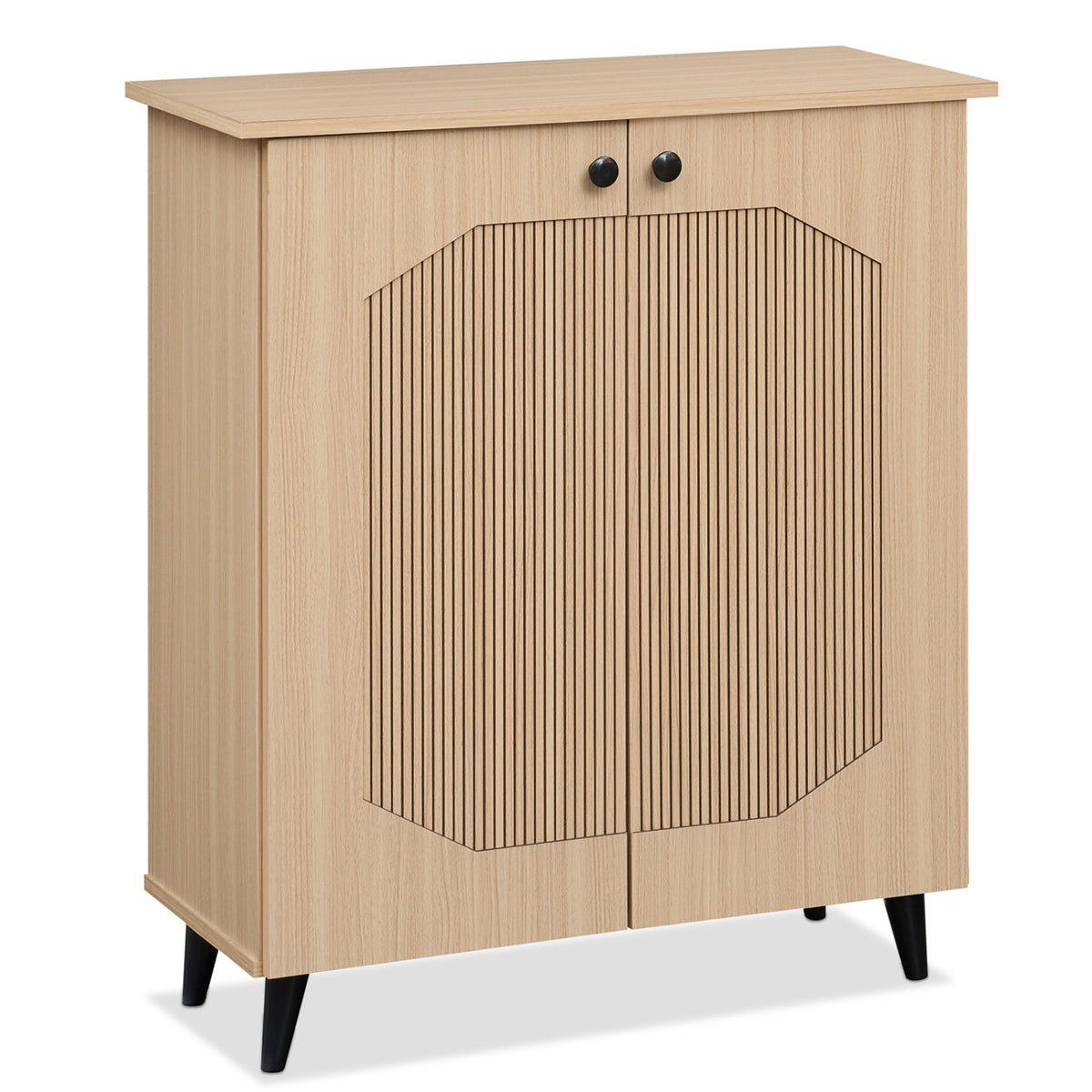 Geometric Shoe Cabinet with Carved Doors - Natural Wood