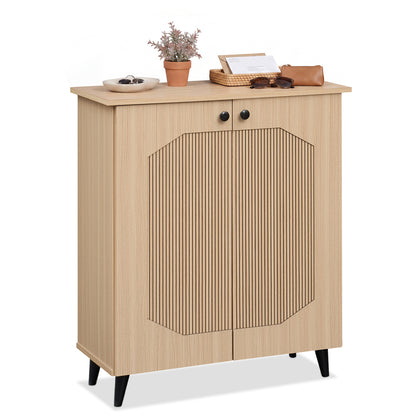 Geometric Shoe Cabinet with Carved Doors - Natural Wood