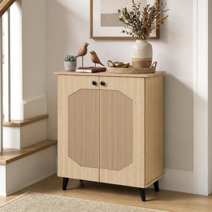 Geometric Shoe Cabinet with Carved Doors - Natural Wood