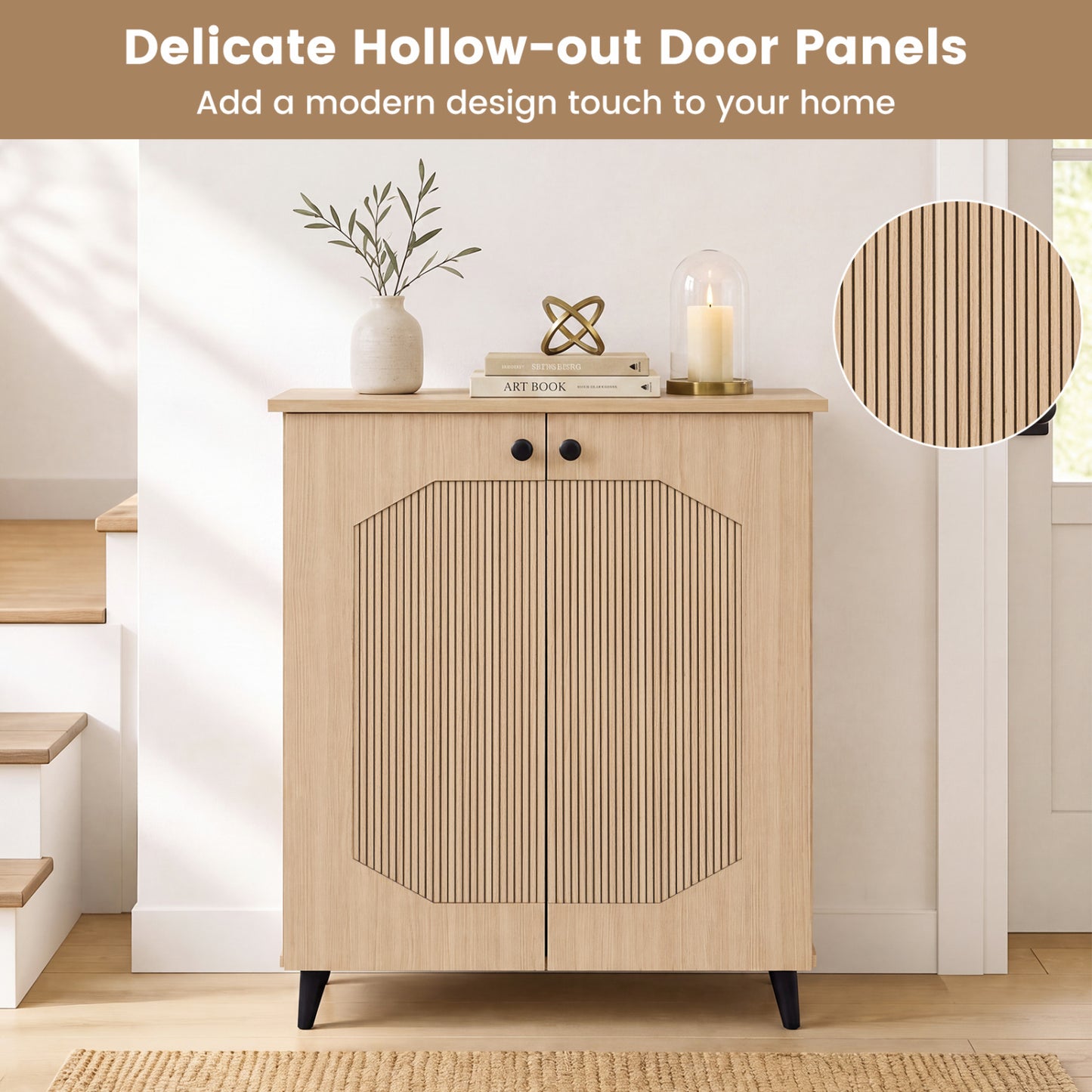 Geometric Shoe Cabinet with Carved Doors - Natural Wood