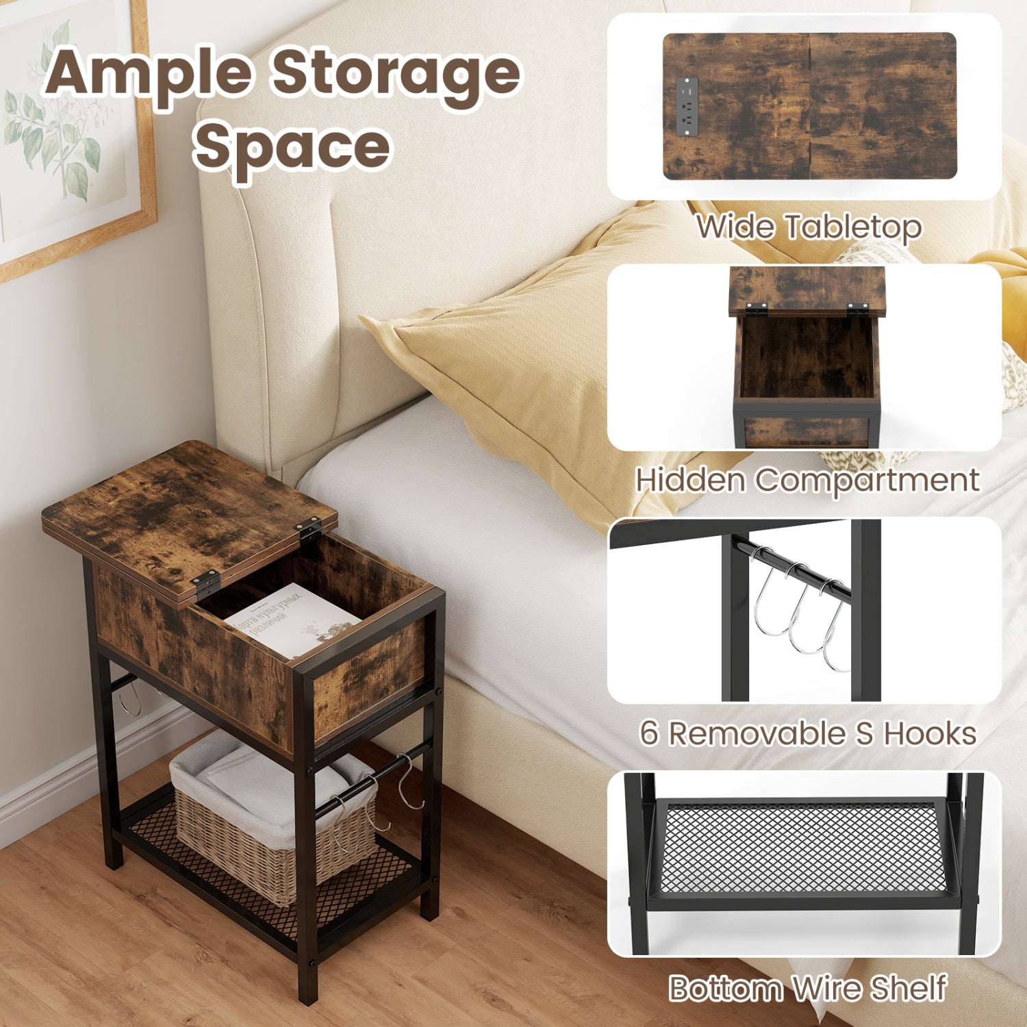 End Table with Charging Station USB Ports Outlets and Flip Top