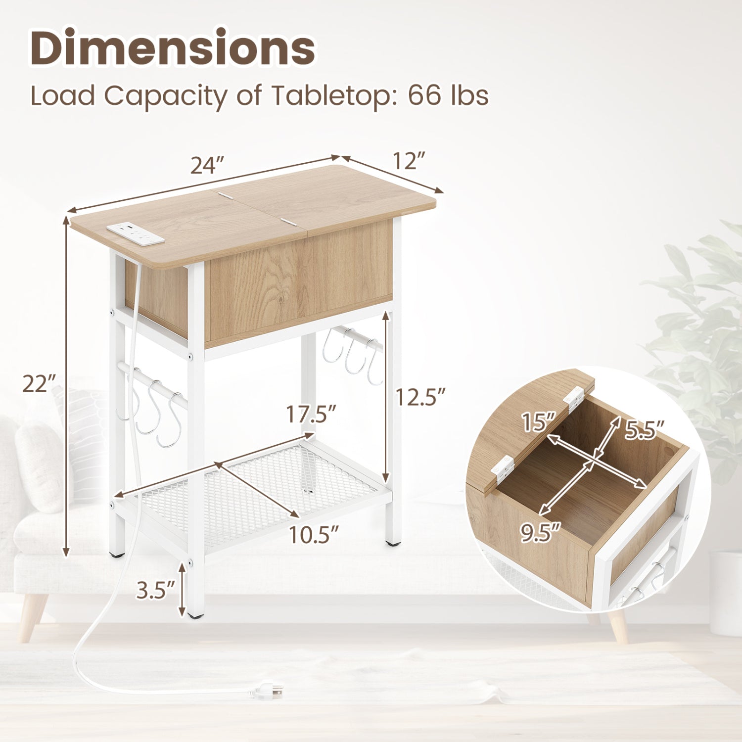 End Table with Charging Station USB Ports Outlets and Flip Top