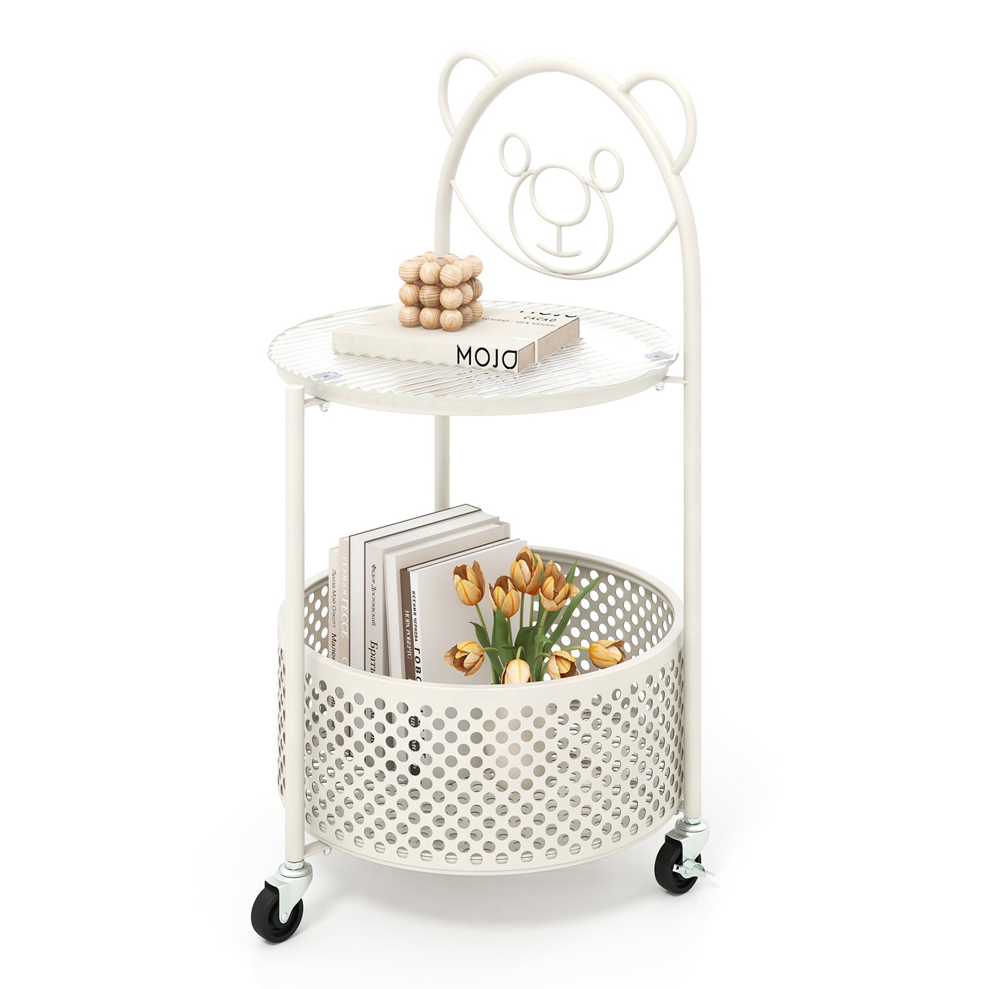 Modern Sofa Side Table on Lockable Wheels for Living Room Bedroom Study-Gold - White