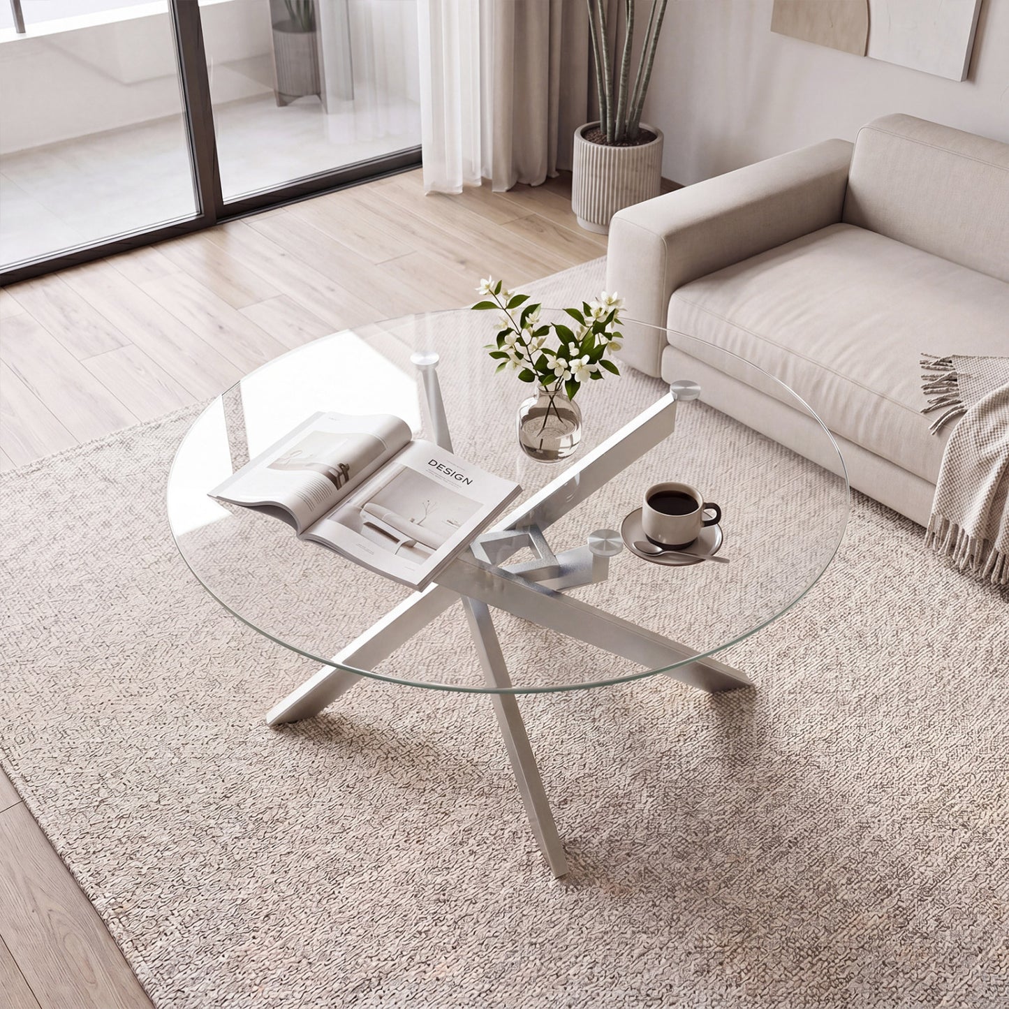Glass Coffee Table Round Clear Center Table with Tempered Glass Top