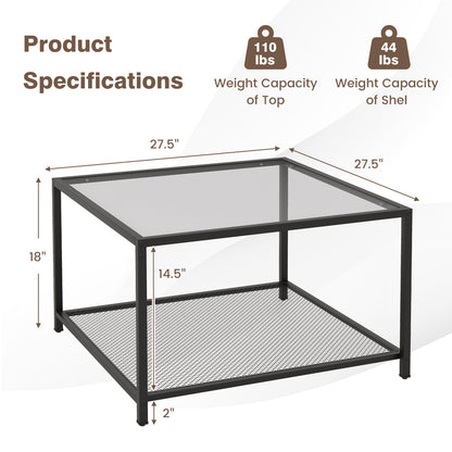 Modern 2-Tier Square Glass Coffee Table with Mesh Shelf