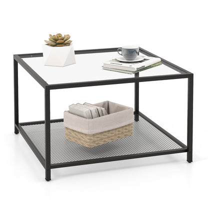 Modern 2-Tier Square Glass Coffee Table with Mesh Shelf-Gray - Transparent