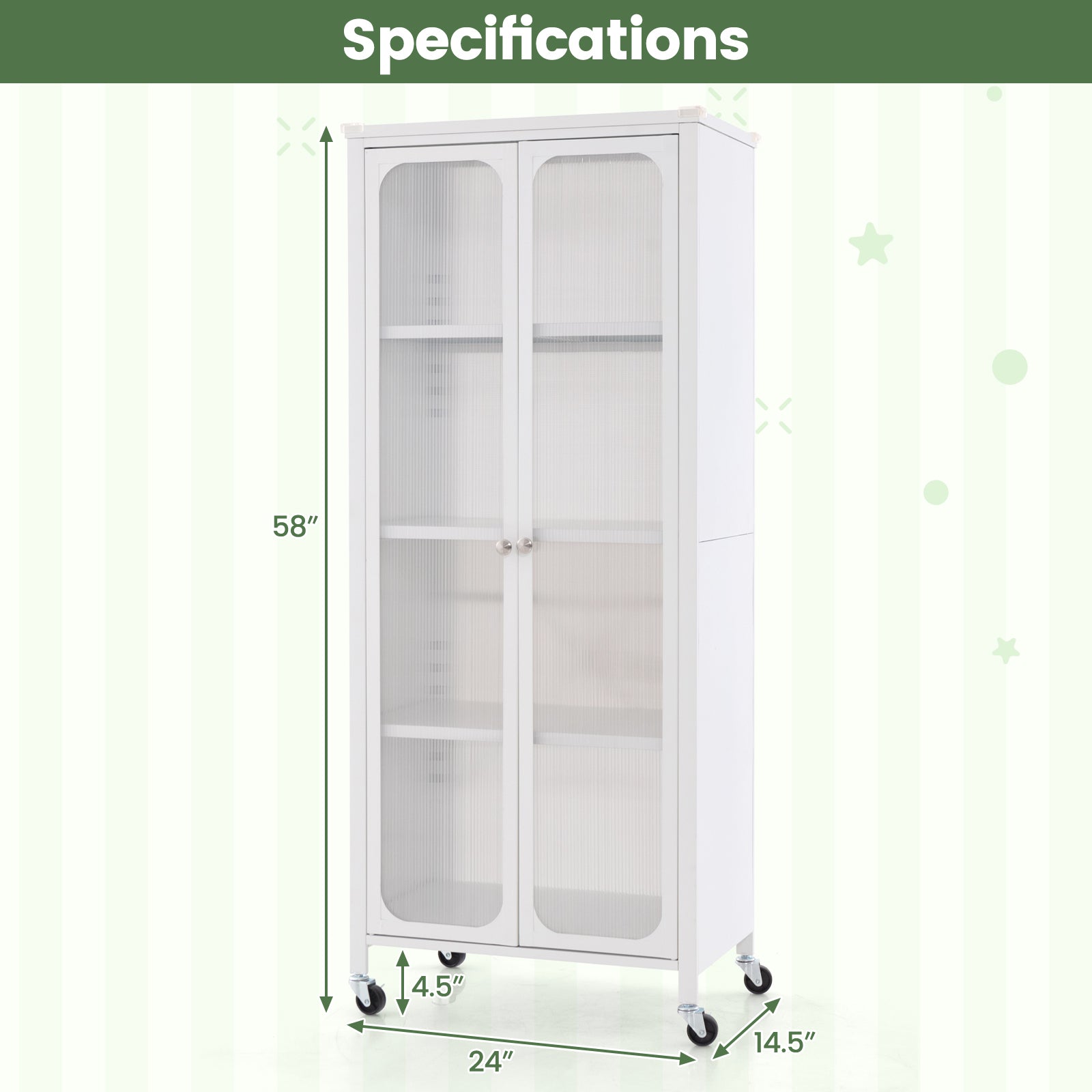Glass Doors Storage Cabinet with Wheels and Adjustable Shelves-White