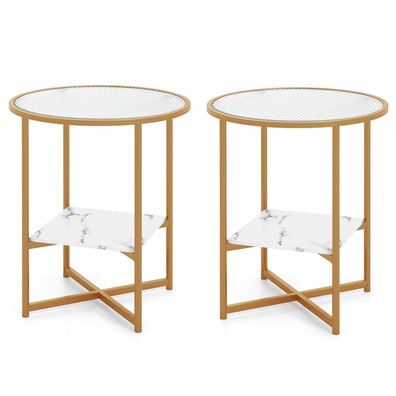 2-Tier Glass End Table Set of 2 with Faux Marble Storage Shelf-White
