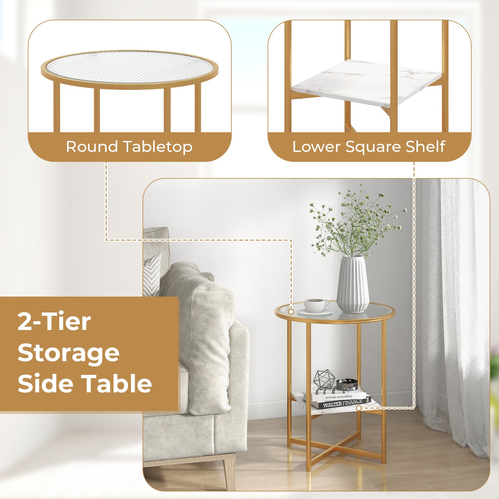 2-Tier Glass End Table Set of 2 with Faux Marble Storage Shelf-White