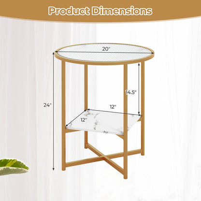 2-Tier Glass End Table Set of 2 with Faux Marble Storage Shelf-White