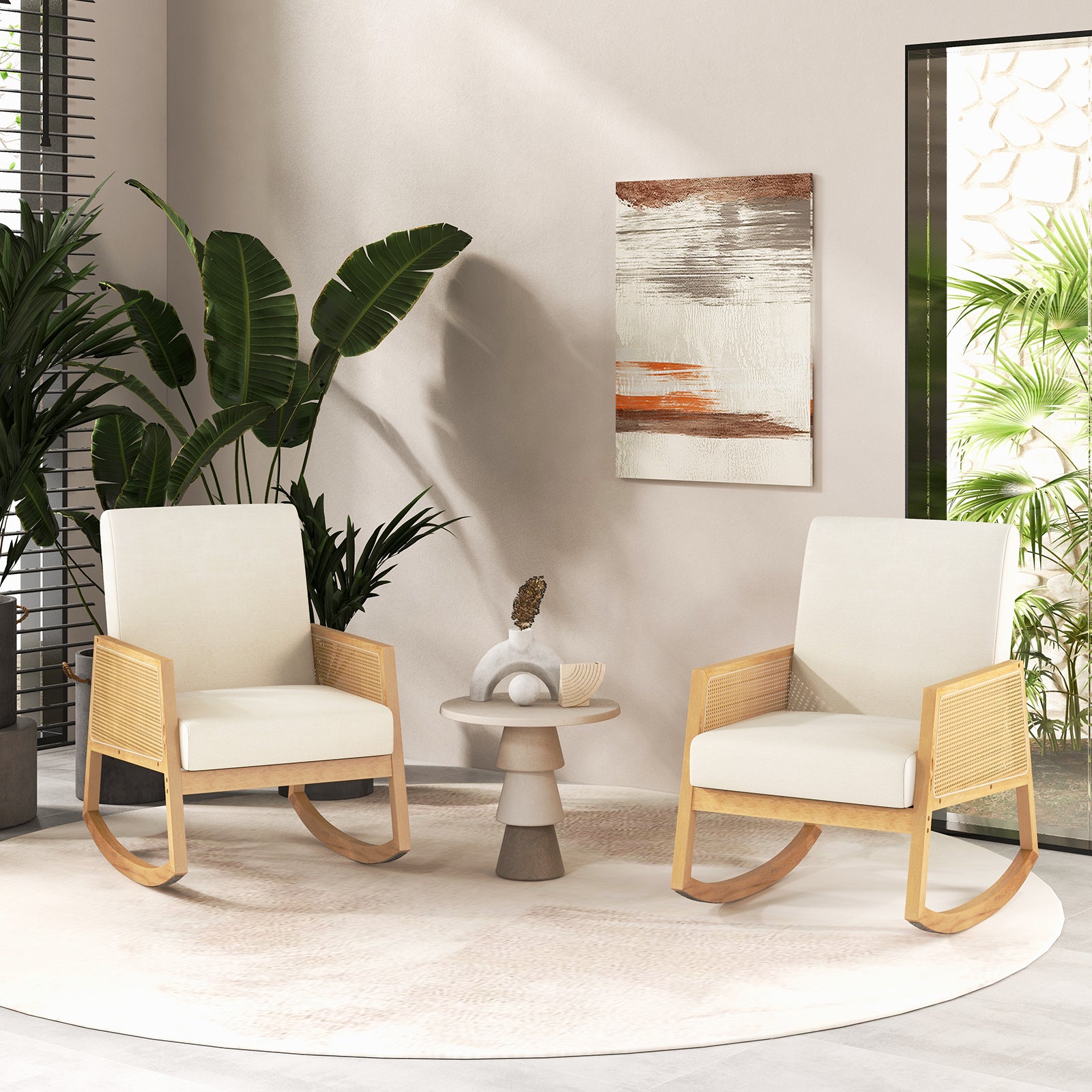 Rocking Chair with Rattan Armrests and Upholstered Cushion-Beige