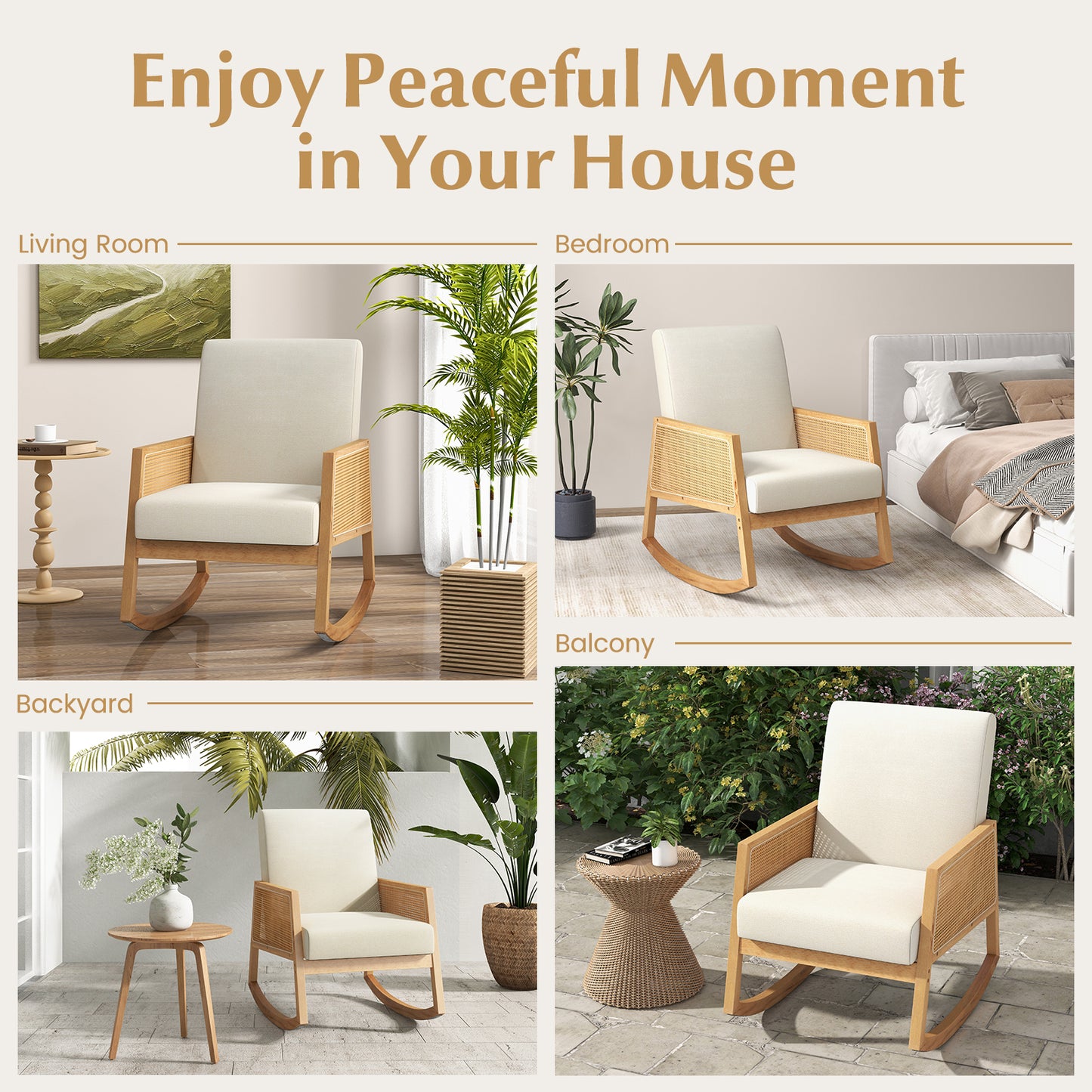 Rocking Chair with Rattan Armrests and Upholstered Cushion-Beige