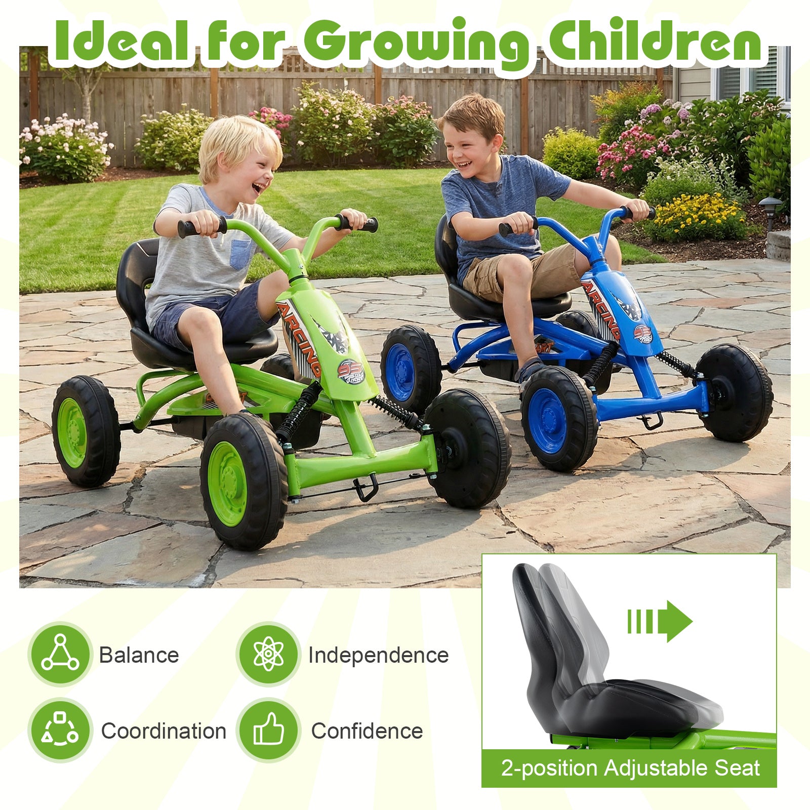 Go Kart for Kids 4 Wheel with Steering Handlebars and Adjustable Seat-Green