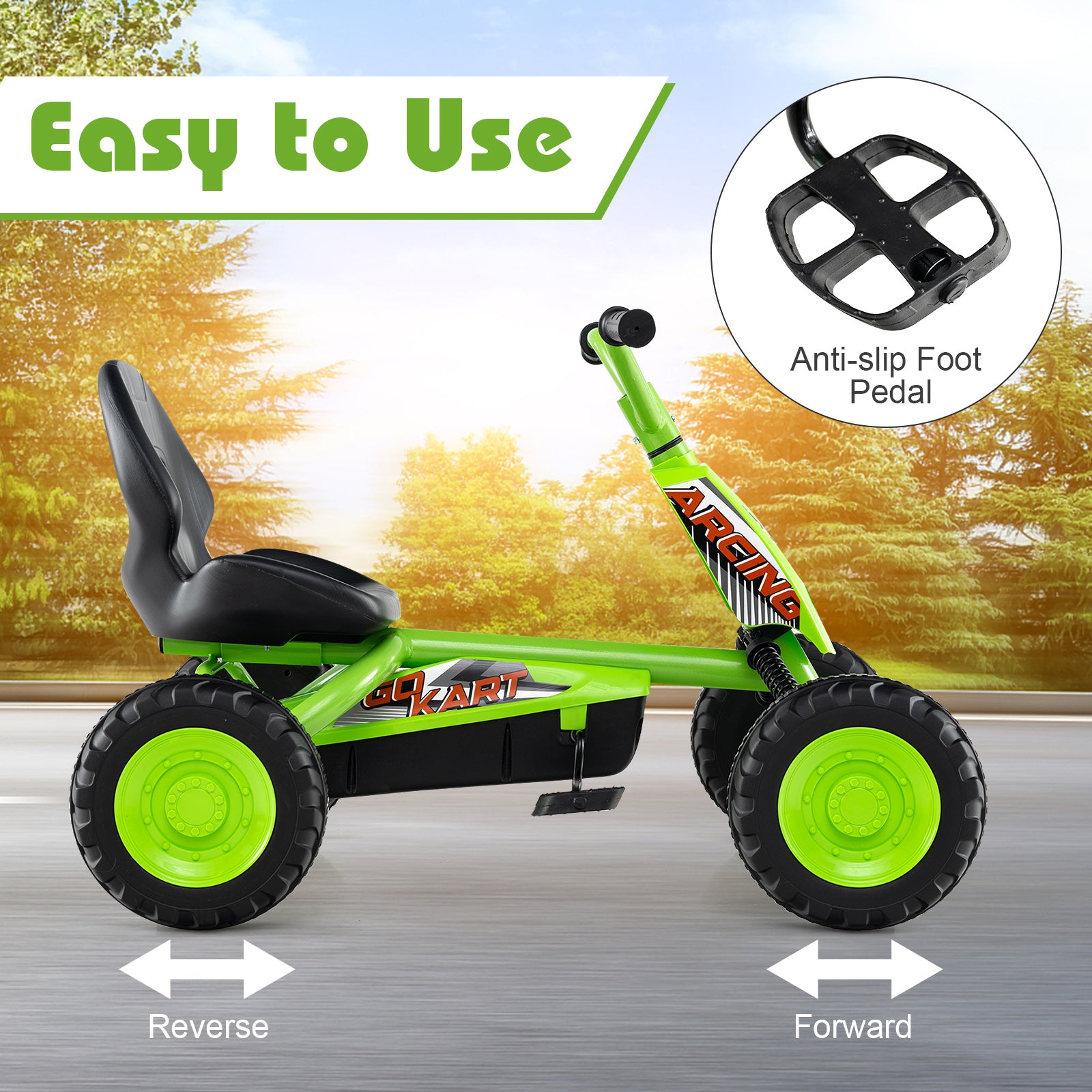 Go Kart for Kids 4 Wheel with Steering Handlebars and Adjustable Seat-Green