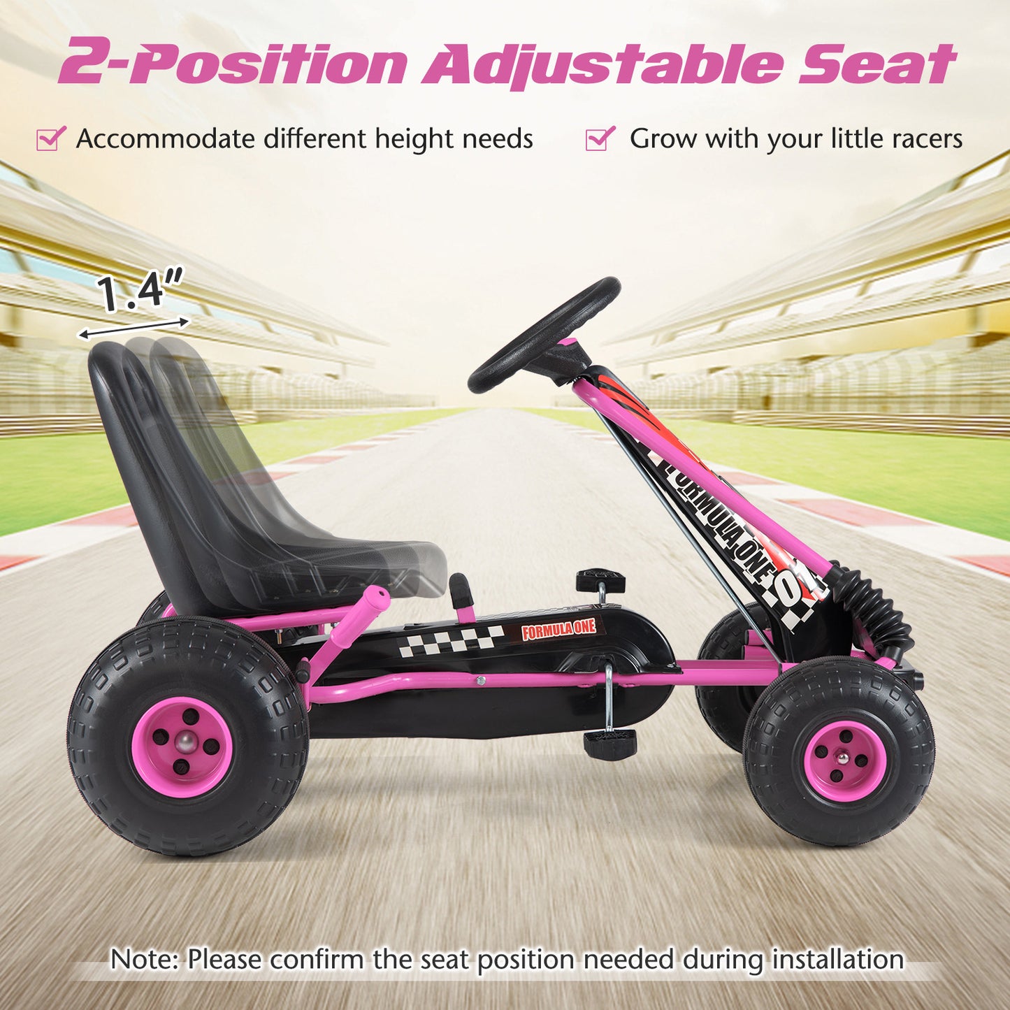 Go Kart for Kids 4 Wheels Pedal with Adjustable Seat and Multi-Terrain Wheels-Pink