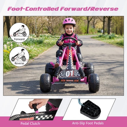 Go Kart for Kids 4 Wheels Pedal with Adjustable Seat and Multi-Terrain Wheels-Pink