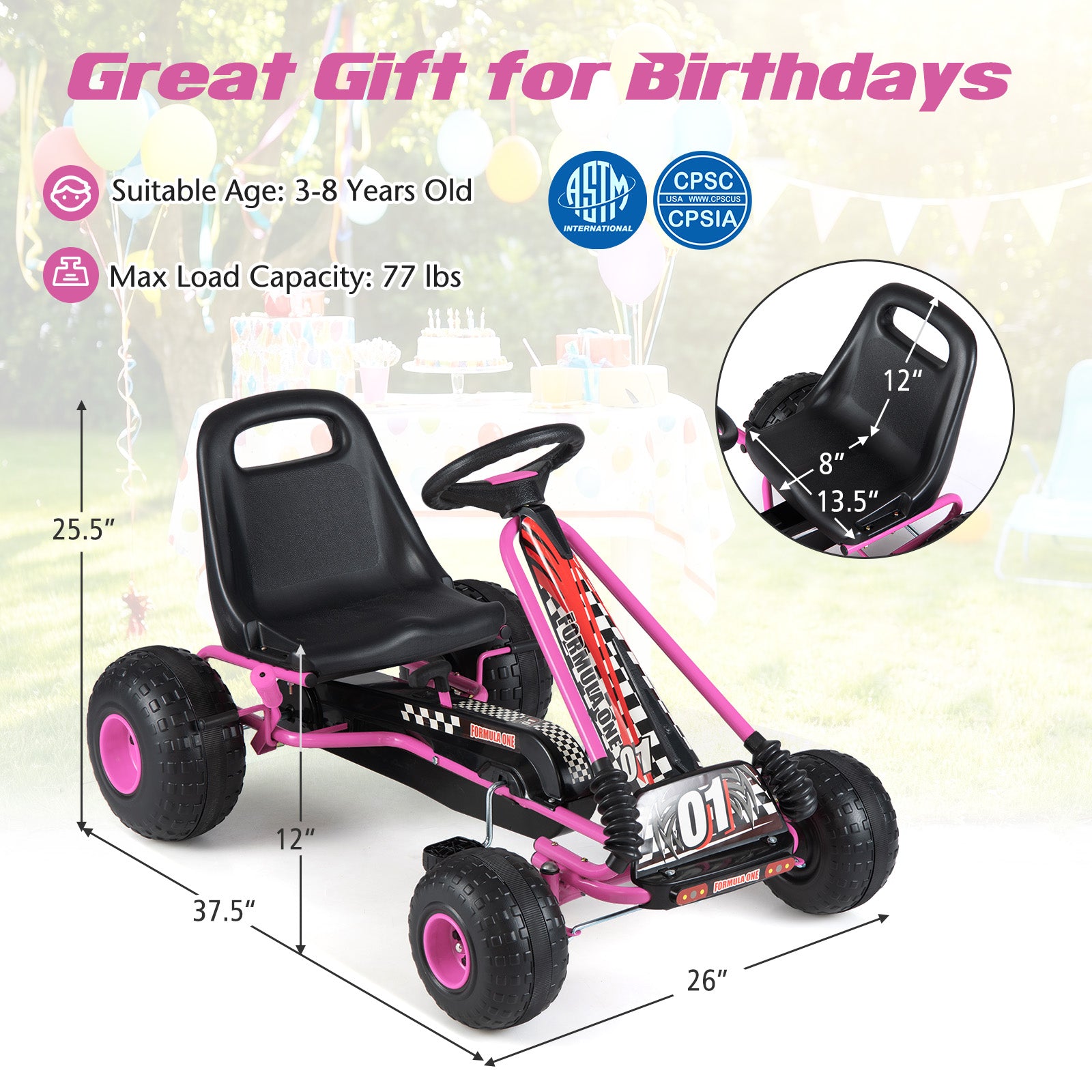 Go Kart for Kids 4 Wheels Pedal with Adjustable Seat and Multi-Terrain Wheels-Pink