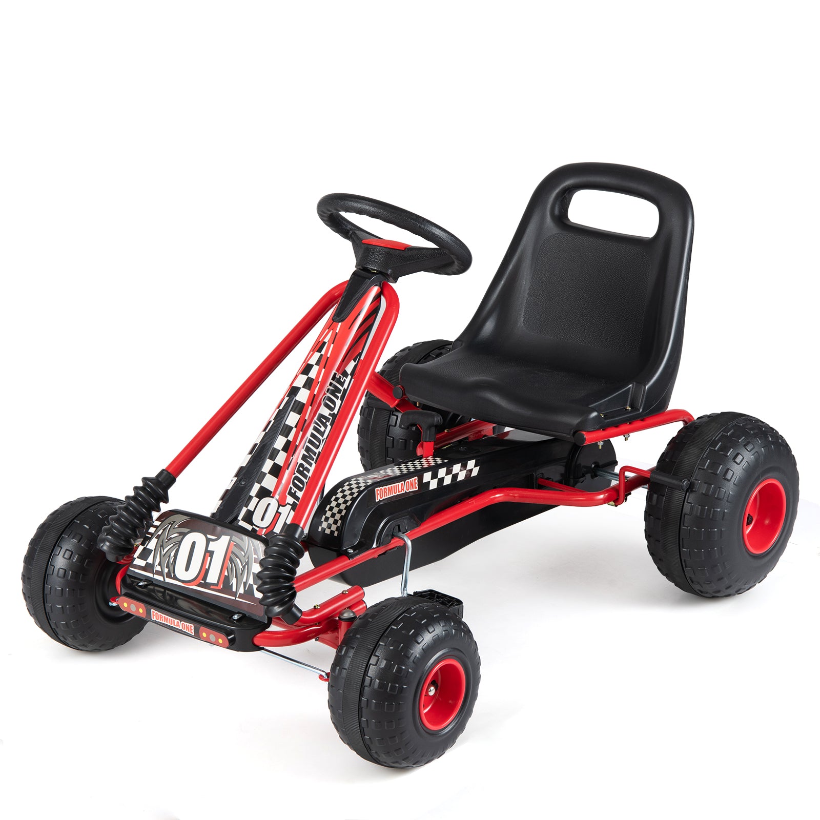 Go Kart for Kids 4 Wheels Pedal with Adjustable Seat and Multi-Terrain Wheels-Red