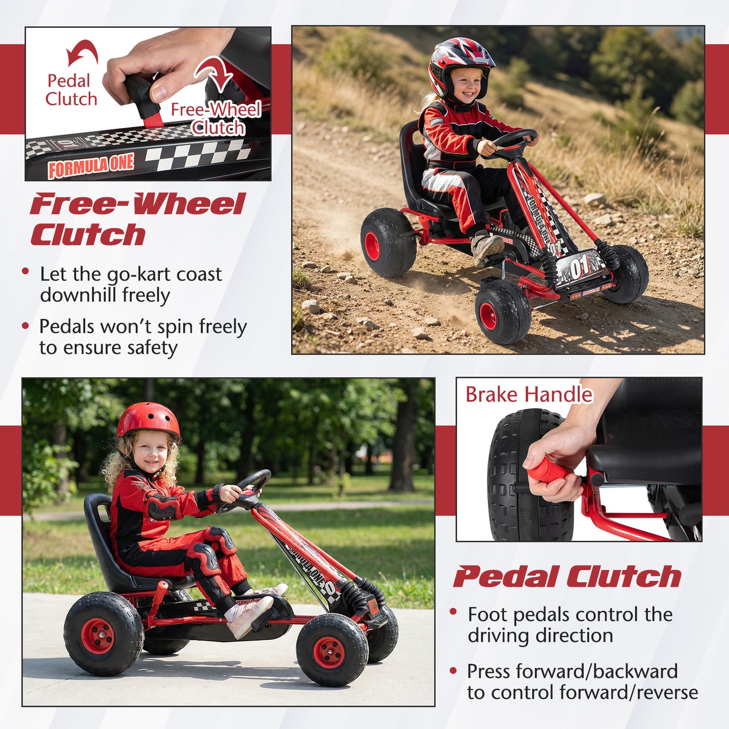 Go Kart for Kids 4 Wheels Pedal with Adjustable Seat and Multi-Terrain Wheels-Red