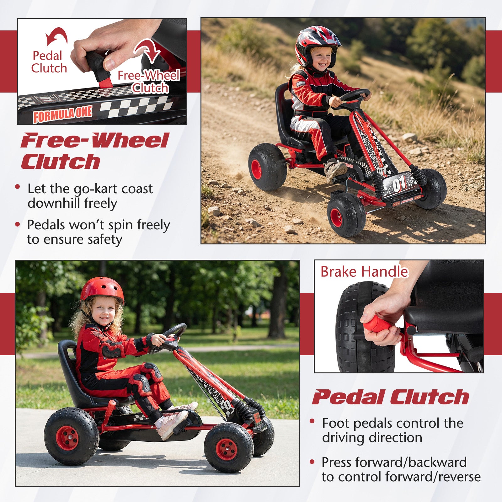 Go Kart for Kids 4 Wheels Pedal with Adjustable Seat and Multi-Terrain Wheels-Red