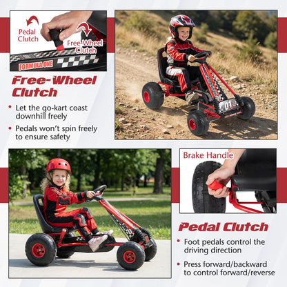 Go Kart for Kids 4 Wheels Pedal with Adjustable Seat and Multi-Terrain Wheels-Red