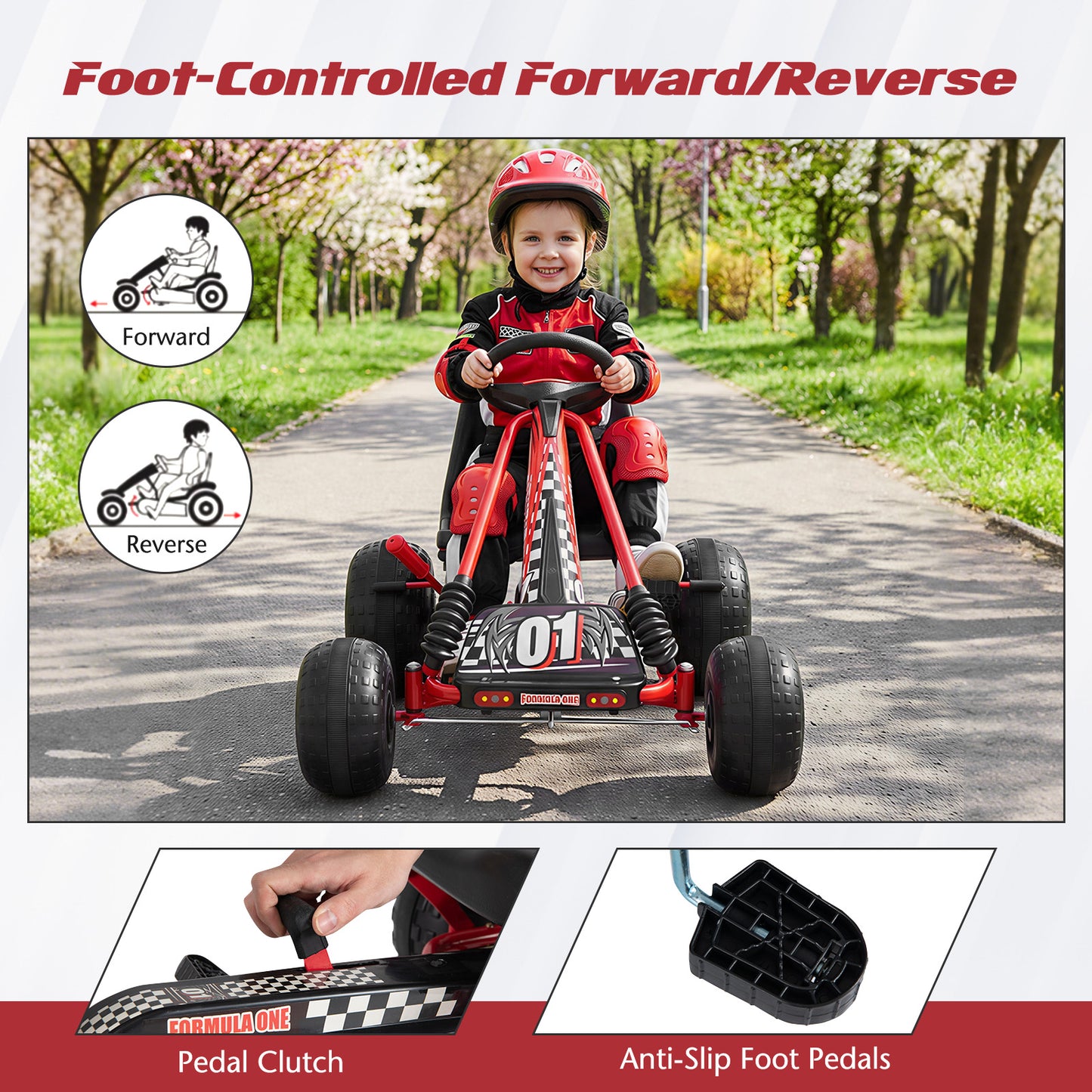 Go Kart for Kids 4 Wheels Pedal with Adjustable Seat and Multi-Terrain Wheels-Red