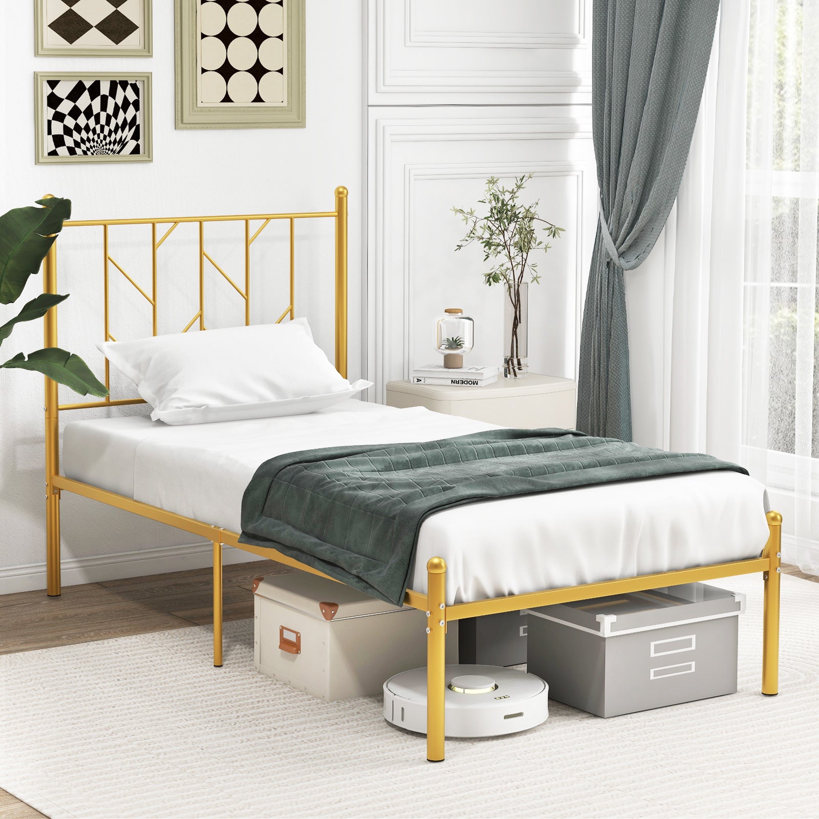 Twin/Full Size Metal Platform Bed Frame with Vintage Headboard-Twin Size
