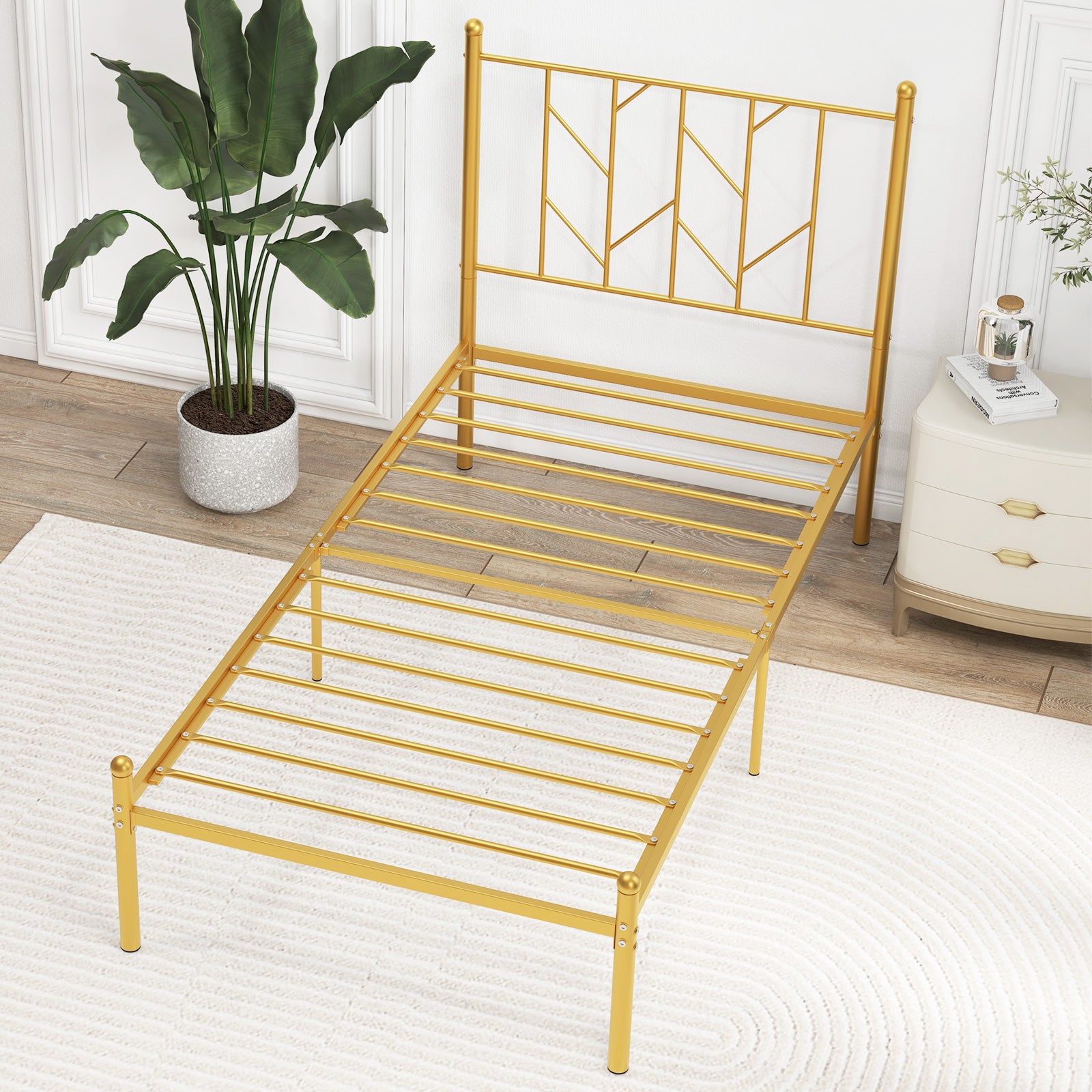 Twin/Full Size Metal Platform Bed Frame with Vintage Headboard-Twin Size